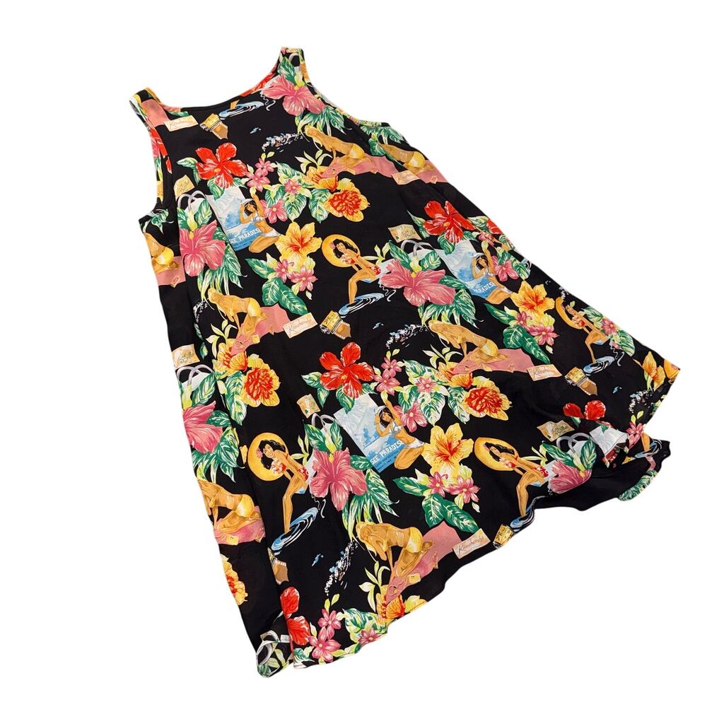 Vintage 90s Nicole Miller 100% Silk Hawaiian Pin-Up Tropical Print Dress Size 10